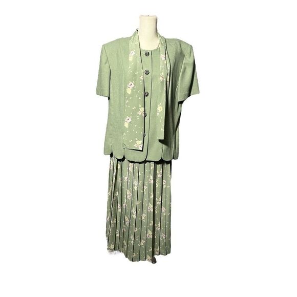 Leslie Fay Vintage 3 Pc Skirt Blazer Scarf Green - Picture 1 of 16